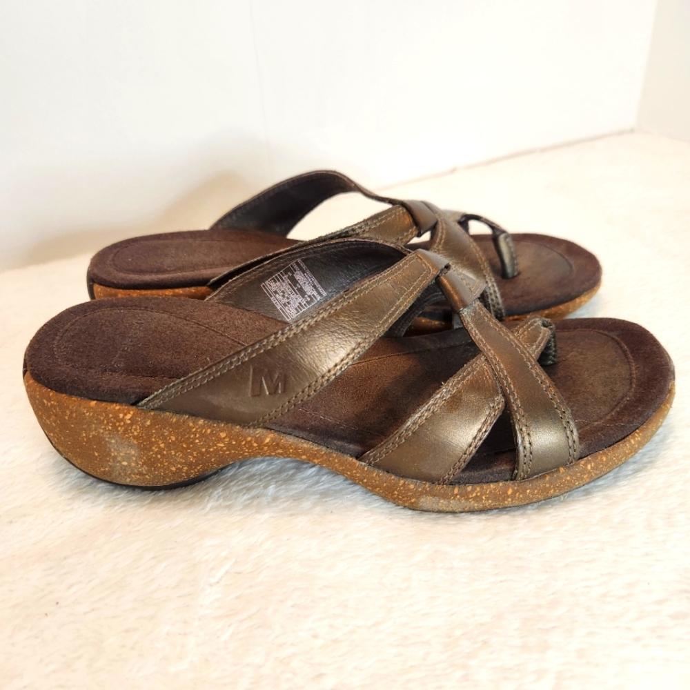 ☀️Merrell Sundial Cross Antique Brass Thong Wedge Sandals Size 6